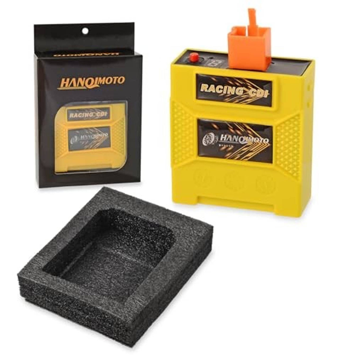 Yellow digital racing CDI box with orange top connector and included black foam insert