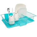Turquoise 3-piece dish rack drainer with white cups, utensils, and drying board