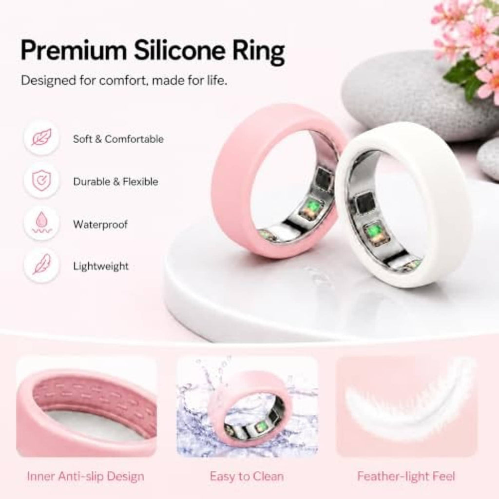 Pink and white silicone smart ring protectors with metal interior and window