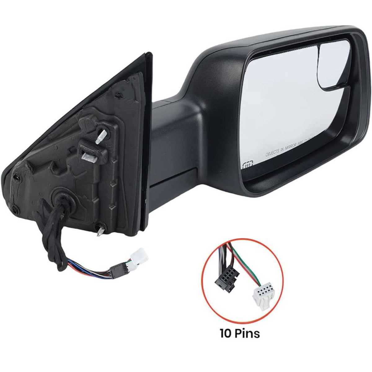 Black side mirror housing with wiring harness and 10-pin connector