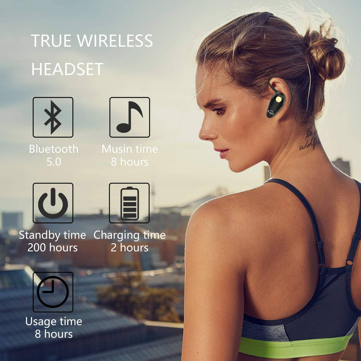 Black true wireless headset worn in-ear with curved ear hook design