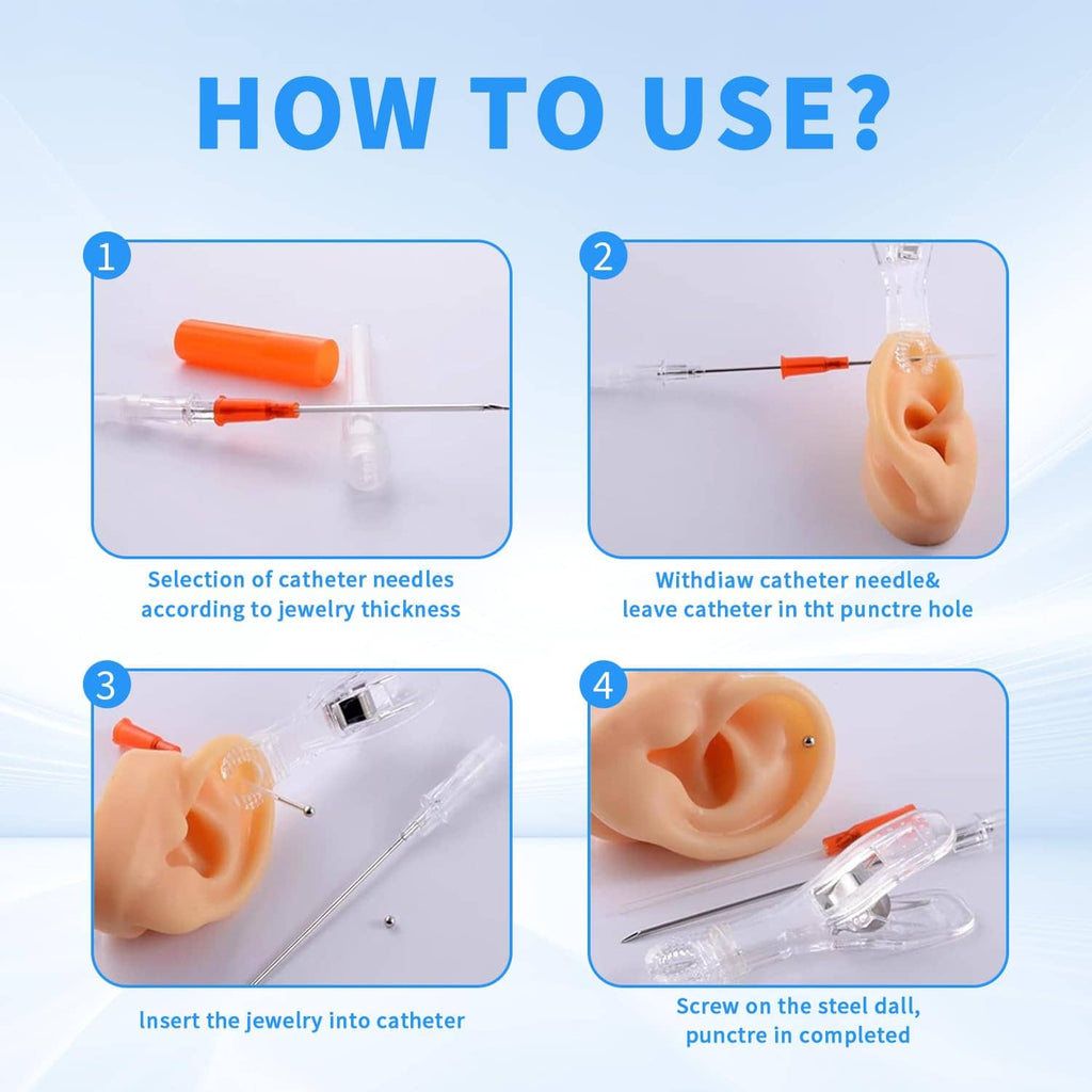 Piercing needle use guide with catheter needle components shown in step diagrams