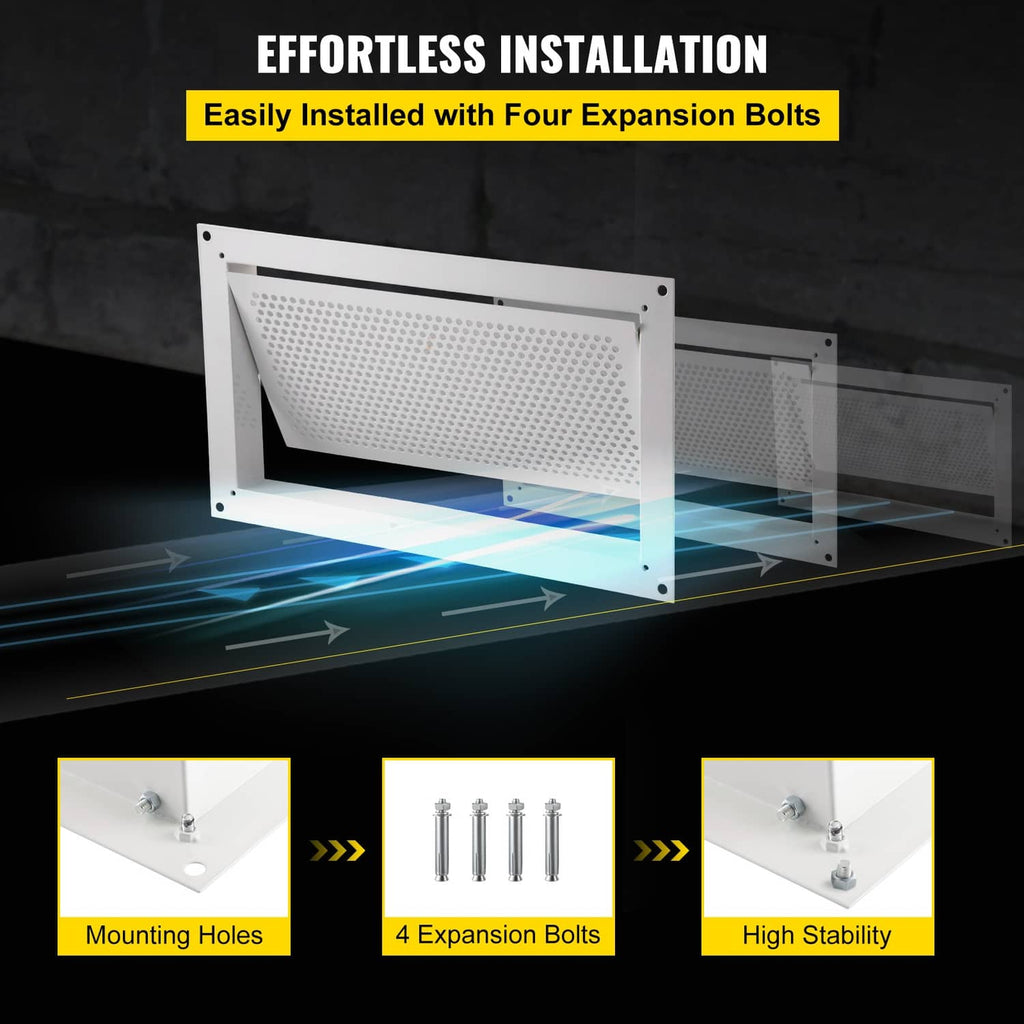 White flood vent with perforated grille and expansion-bolt mounting points in frame