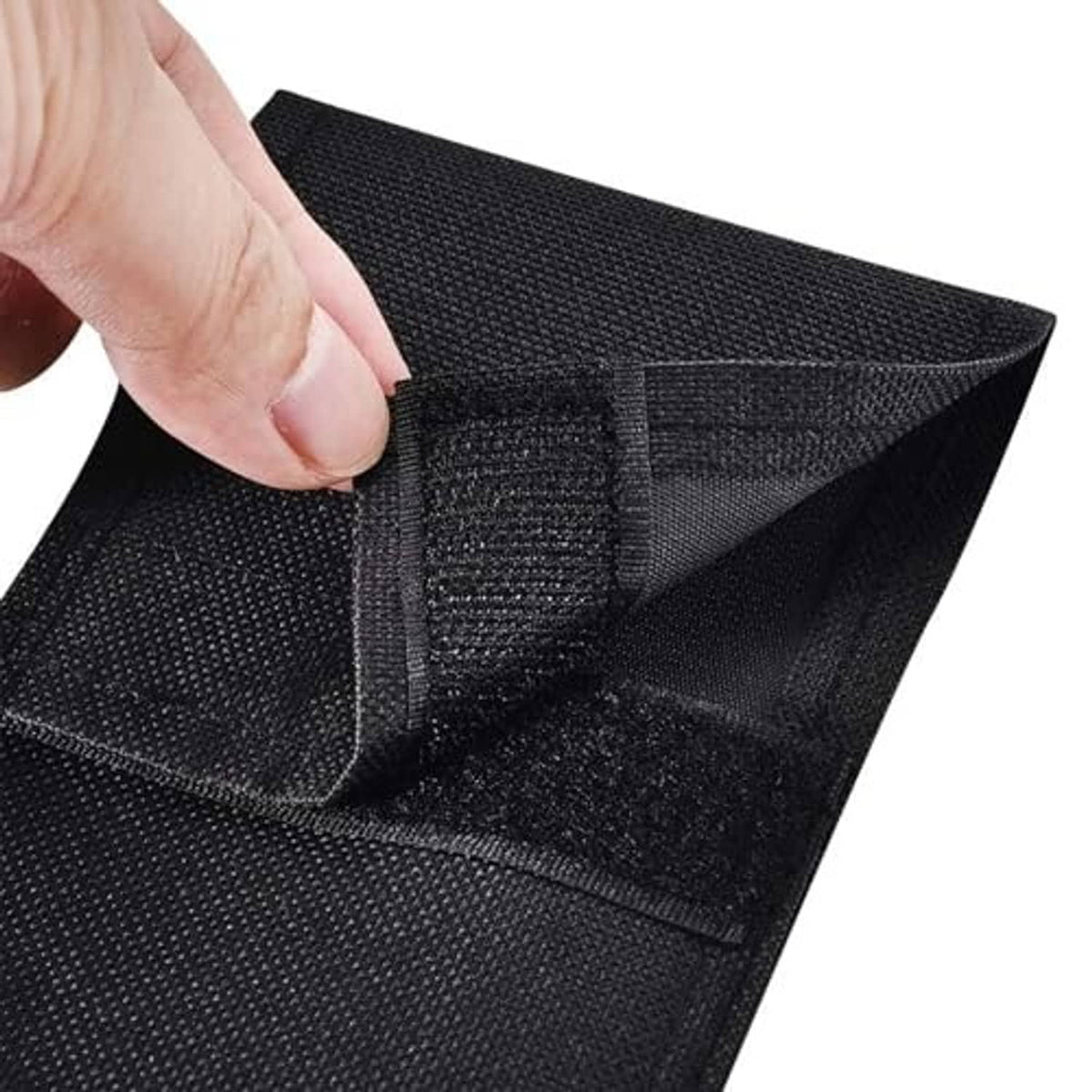 Black cue bag with hook-and-loop closure and interior fold pocket section