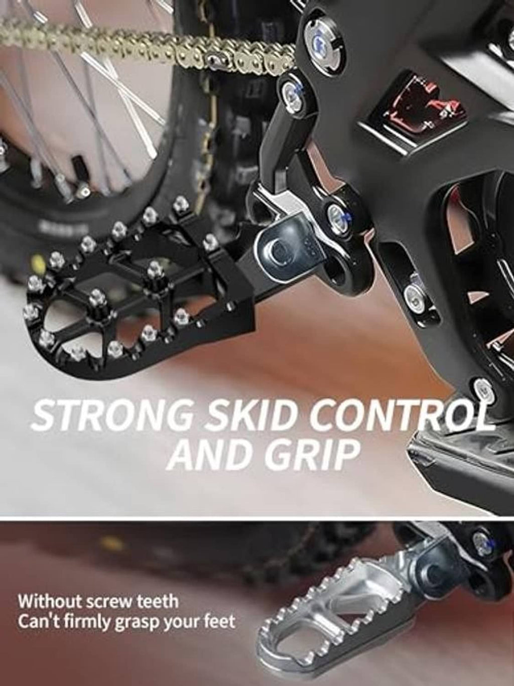 Black dirt bike foot pegs with steel grip pins mounted on the side pedal bracket