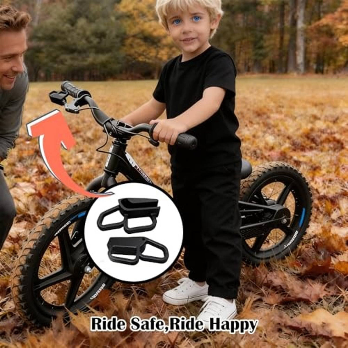 Black brake lever extender on STACYC-style bike handlebar for reduced brake reach