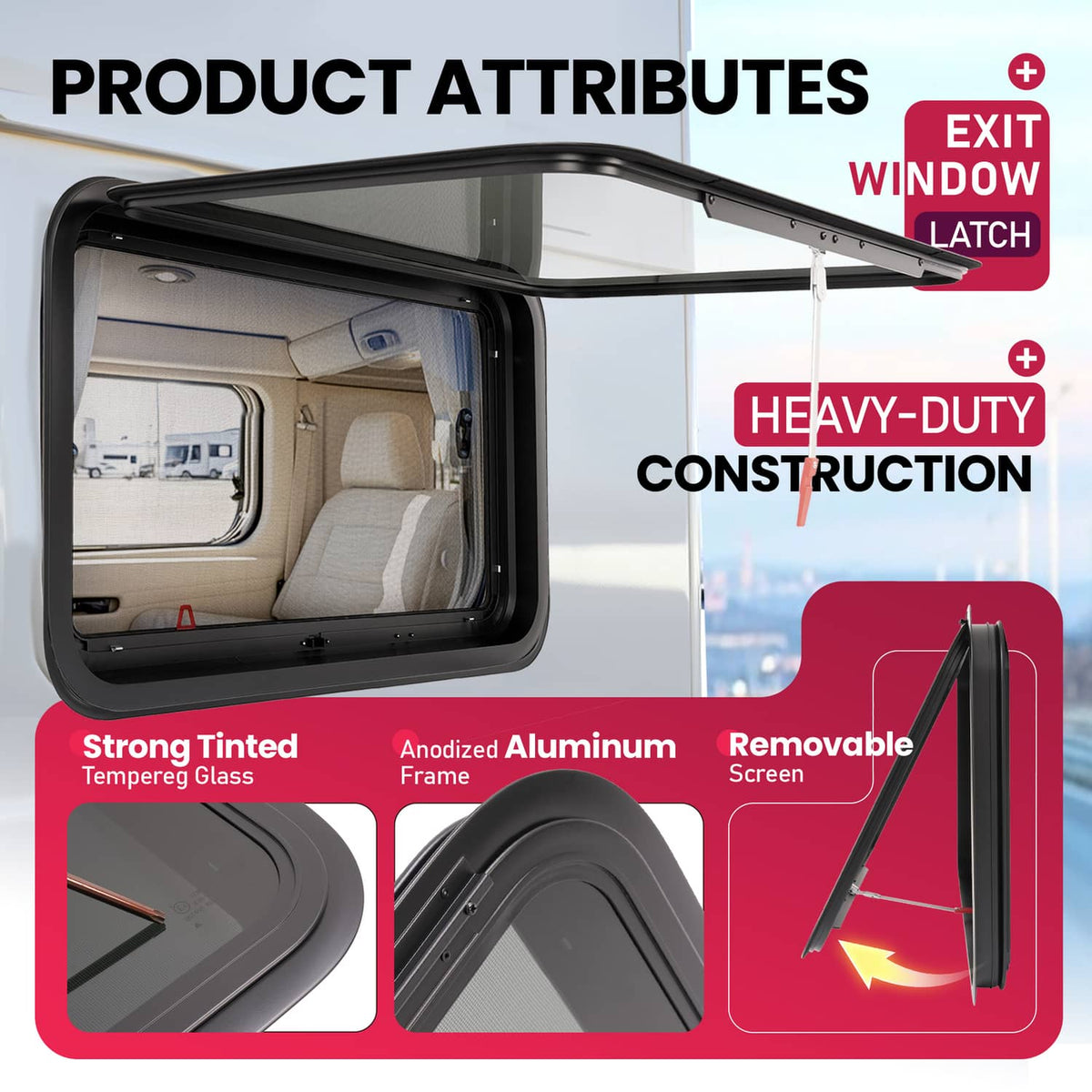 RV exit window with tinted glass, black anodized frame, and exterior latch