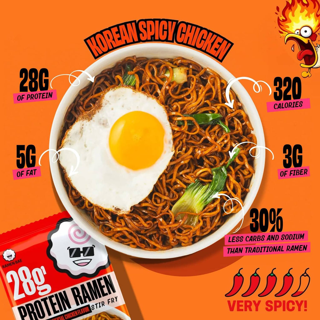 Bowl of spicy protein ramen noodles with fried egg and shrimp topping