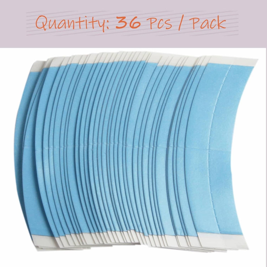 Curved blue wig tape strips, double-sided adhesive, shown in folded pack