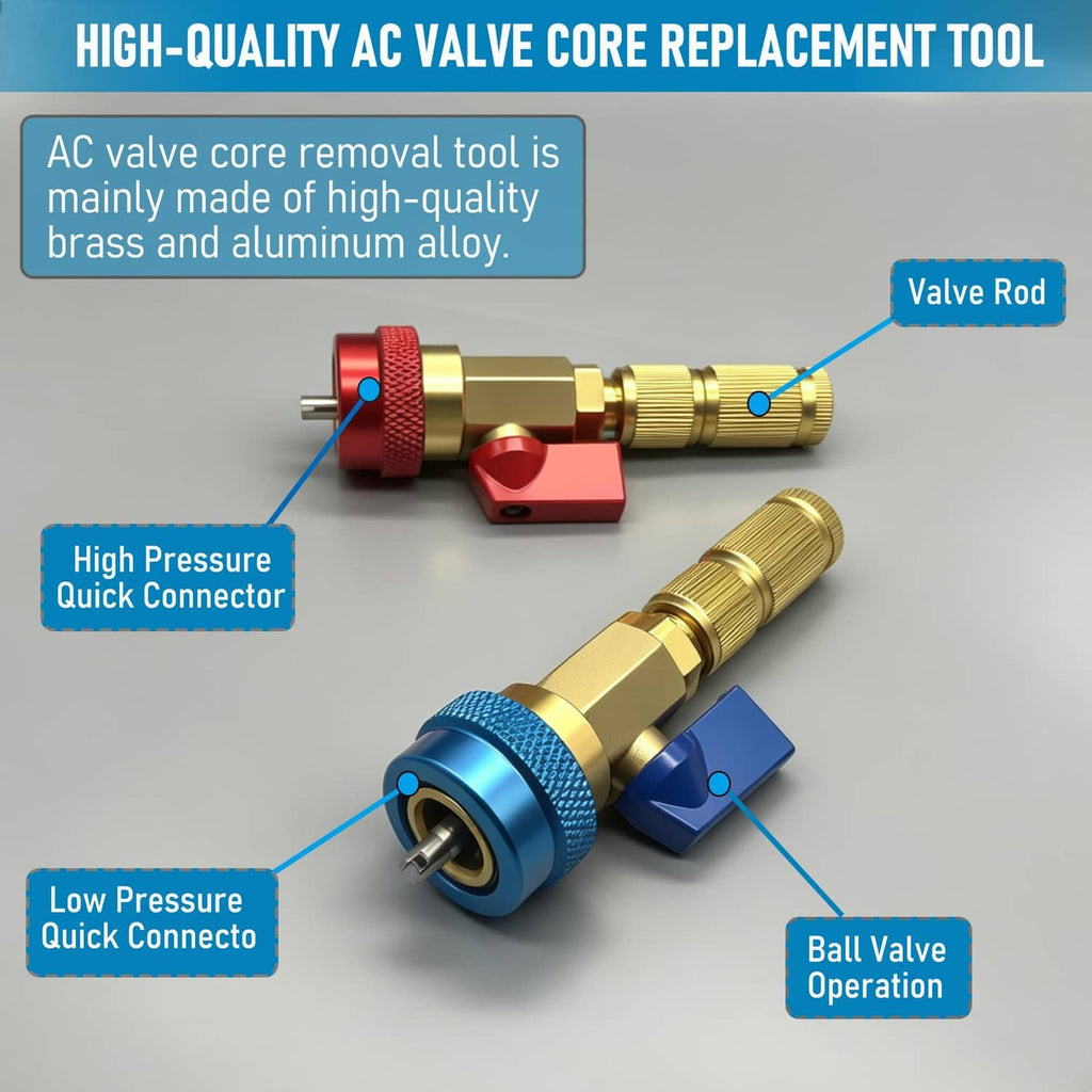 Brass AC valve core removal tool with high- and low-pressure quick connectors