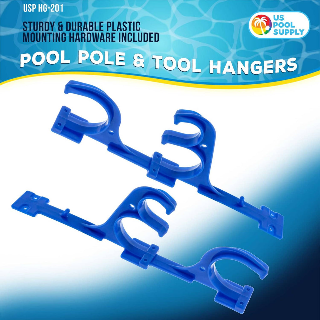 Blue plastic pool pole & tool hanger with four U-hook slots