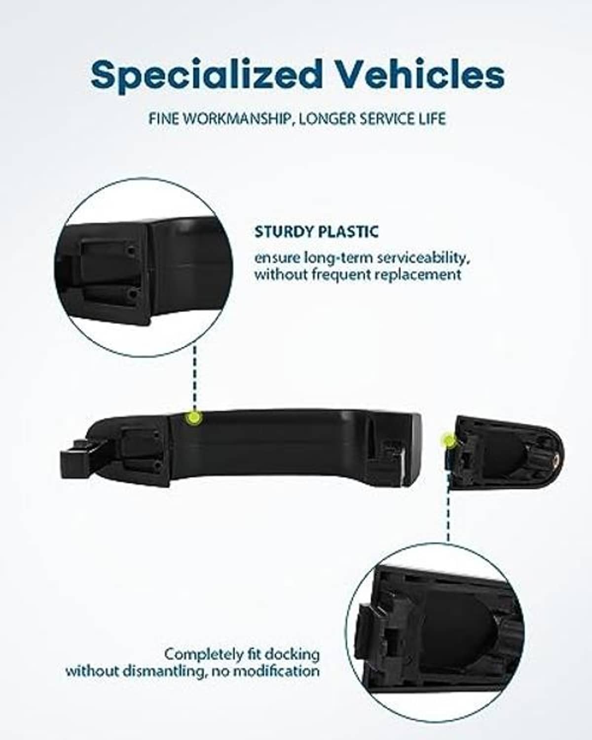 Black exterior door handle with docking halves and bracket, front passenger right side
