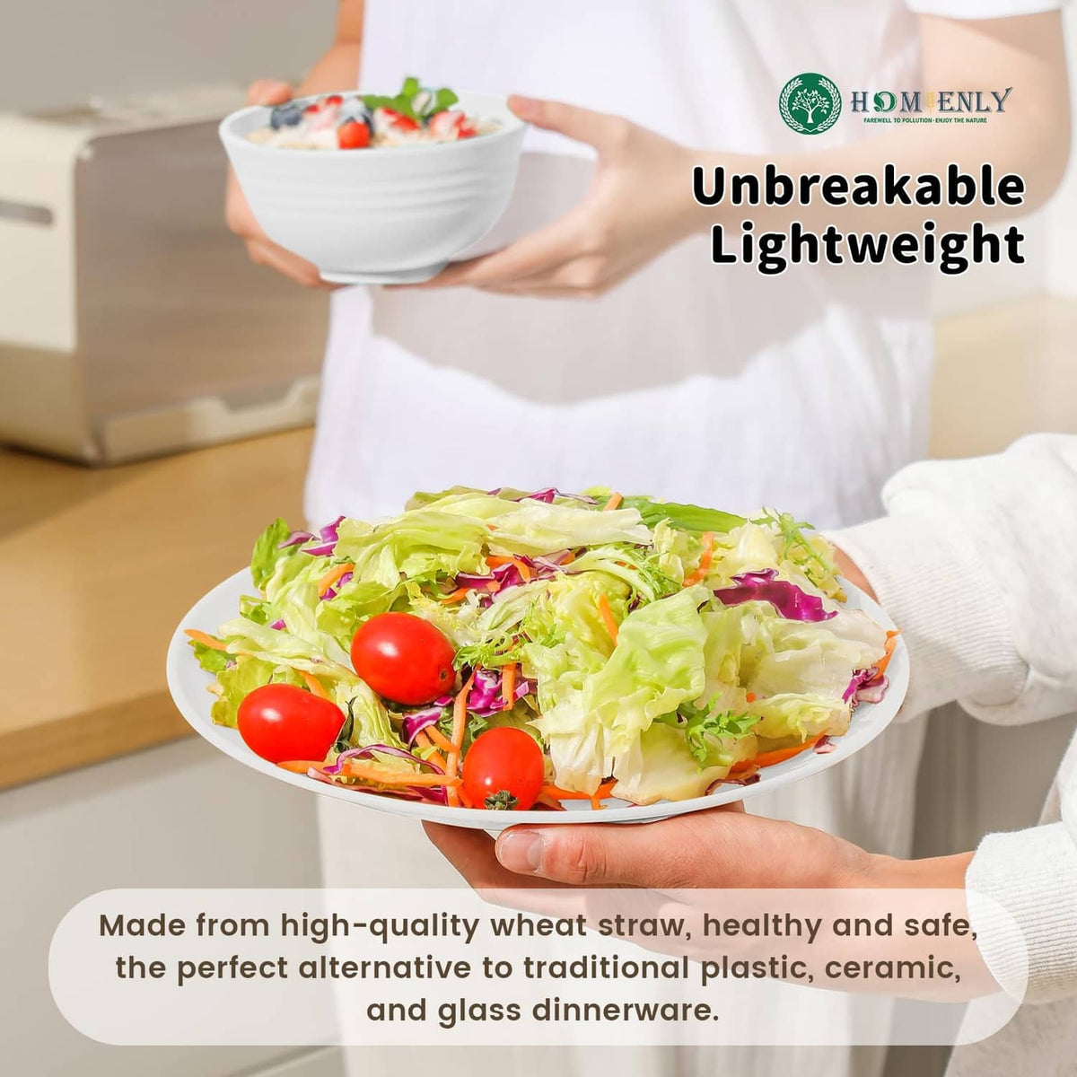 White wheat straw dinnerware bowls and plates for serving salad
