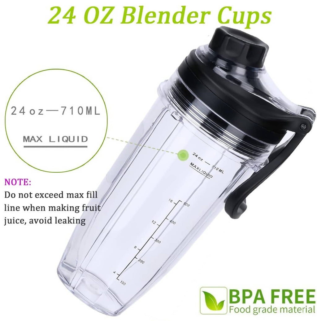 24 oz blender cup with black lid and MAX liquid capacity scale on clear container