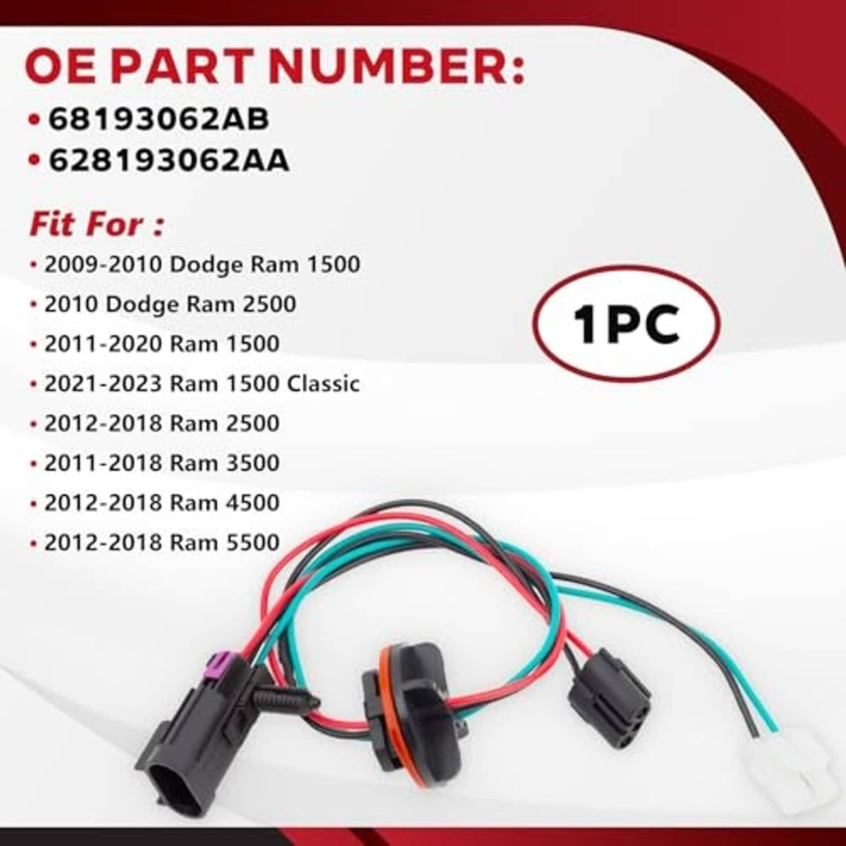 Headlight wiring harness with color-coded leads and two black headlamp sockets