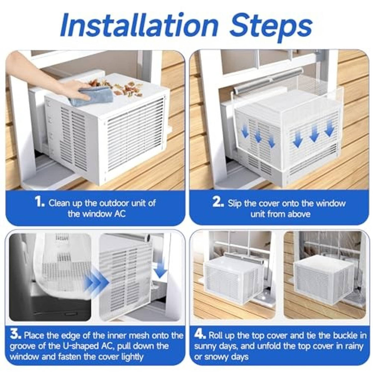 White U-shaped AC cover with rolled top cover shown in installation steps.