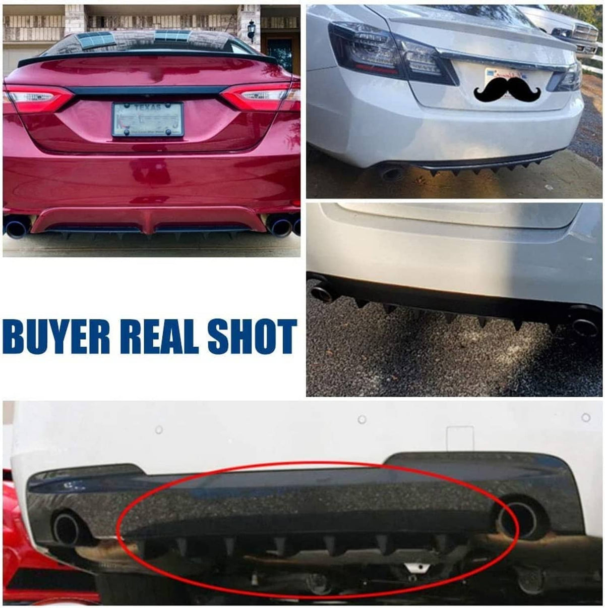 Black shark-style rear bumper diffuser installed on a vehicle rear