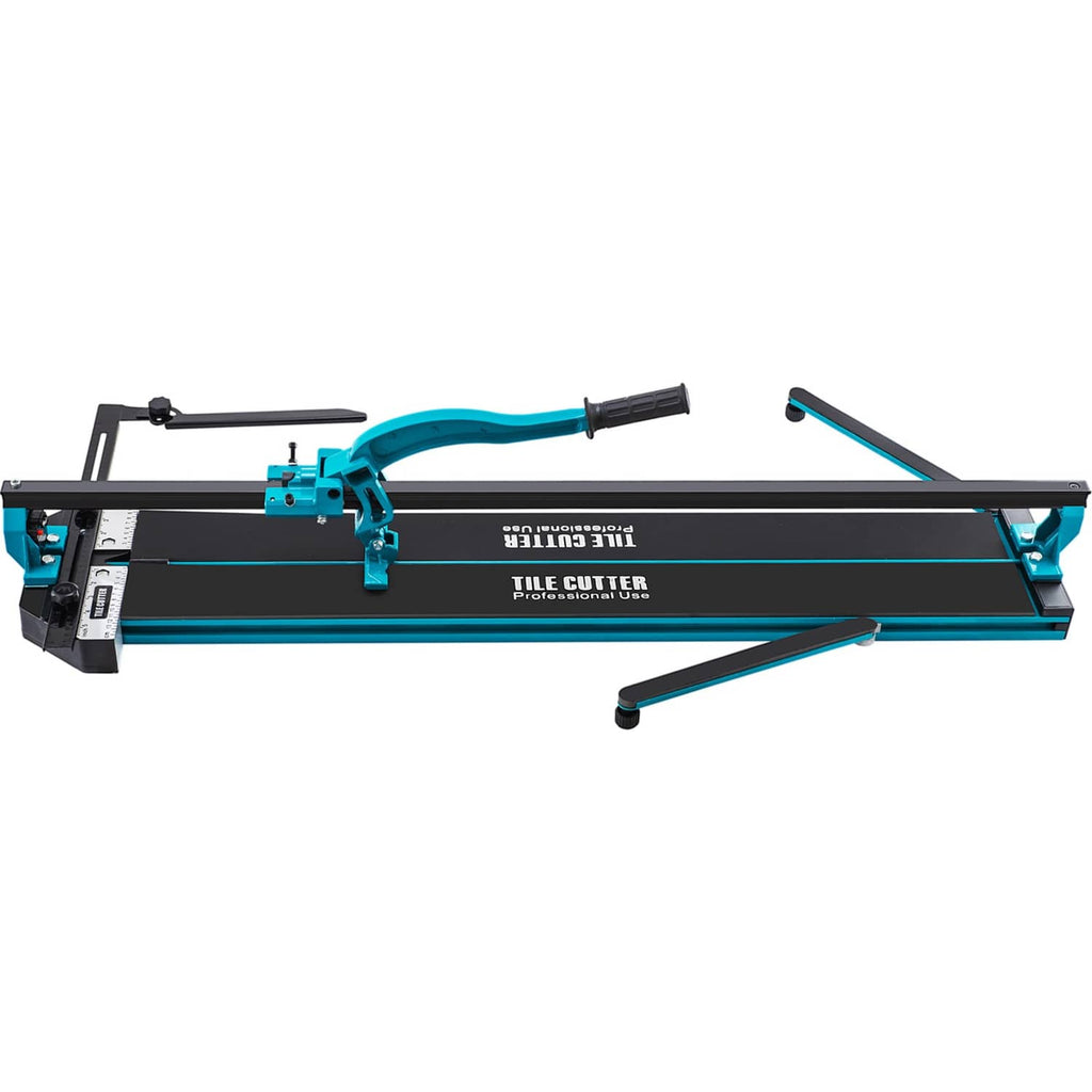 Manual tile cutter profile with teal cutting carriage and long black base rail