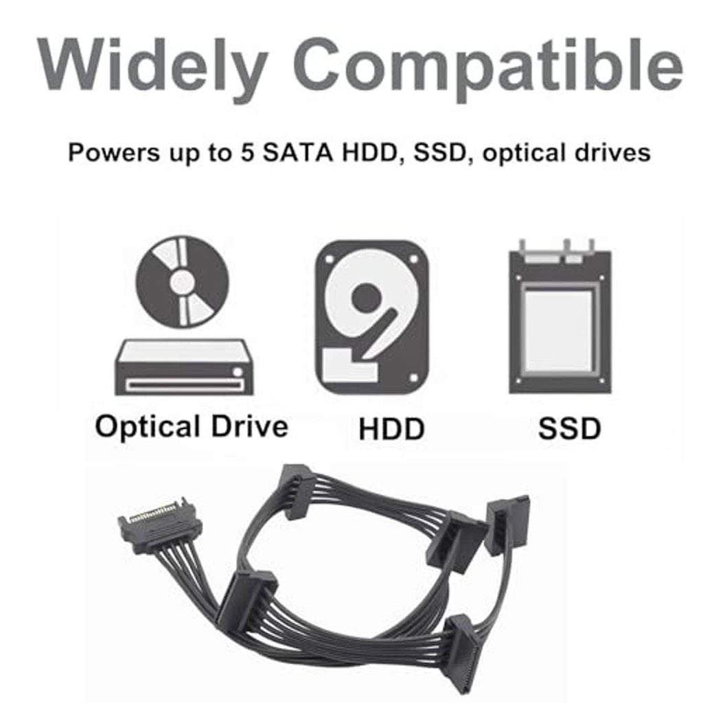 Black SATA power splitter cable bundle for powering HDD, SSD, and optical drives