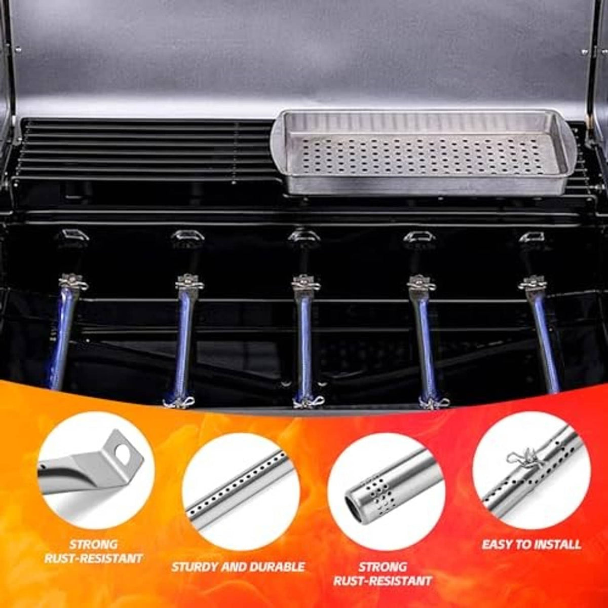 Grill interior with stainless steel burner tray and a row of burner tubes