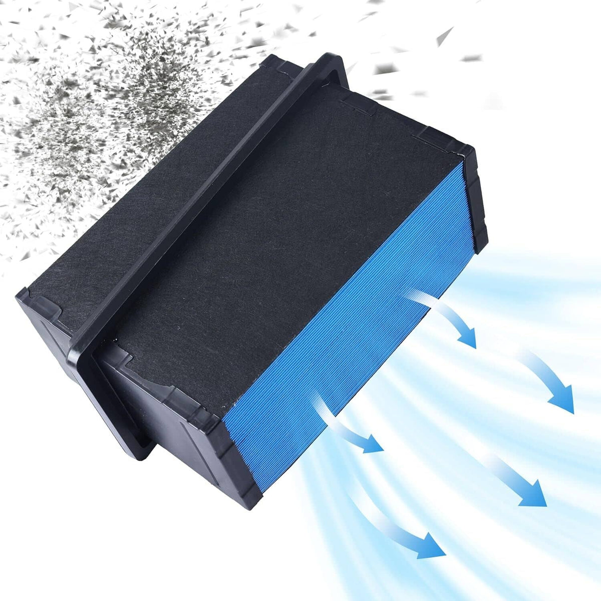 Engine air filter with blue pleated media in black housing, angled with airflow arrows