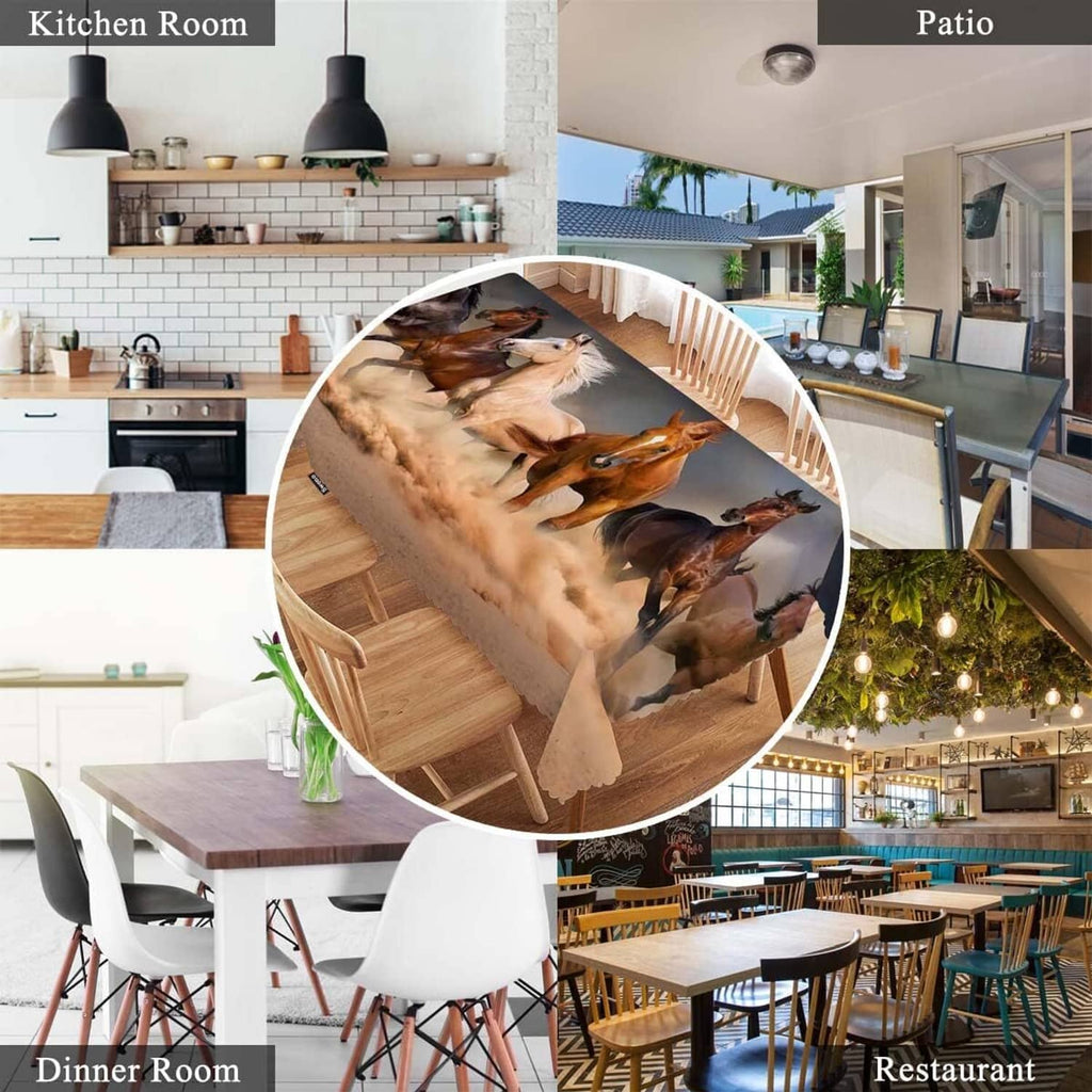 Rectangular horse-print tablecloth styled for dining, patio, and kitchen settings