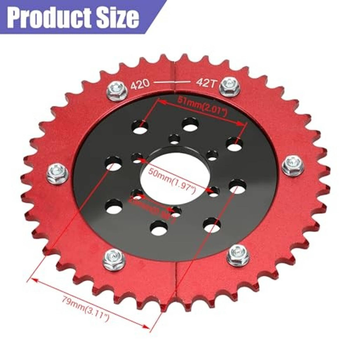 Red split sprocket with black hub dimensions marked for 420–42T fitment