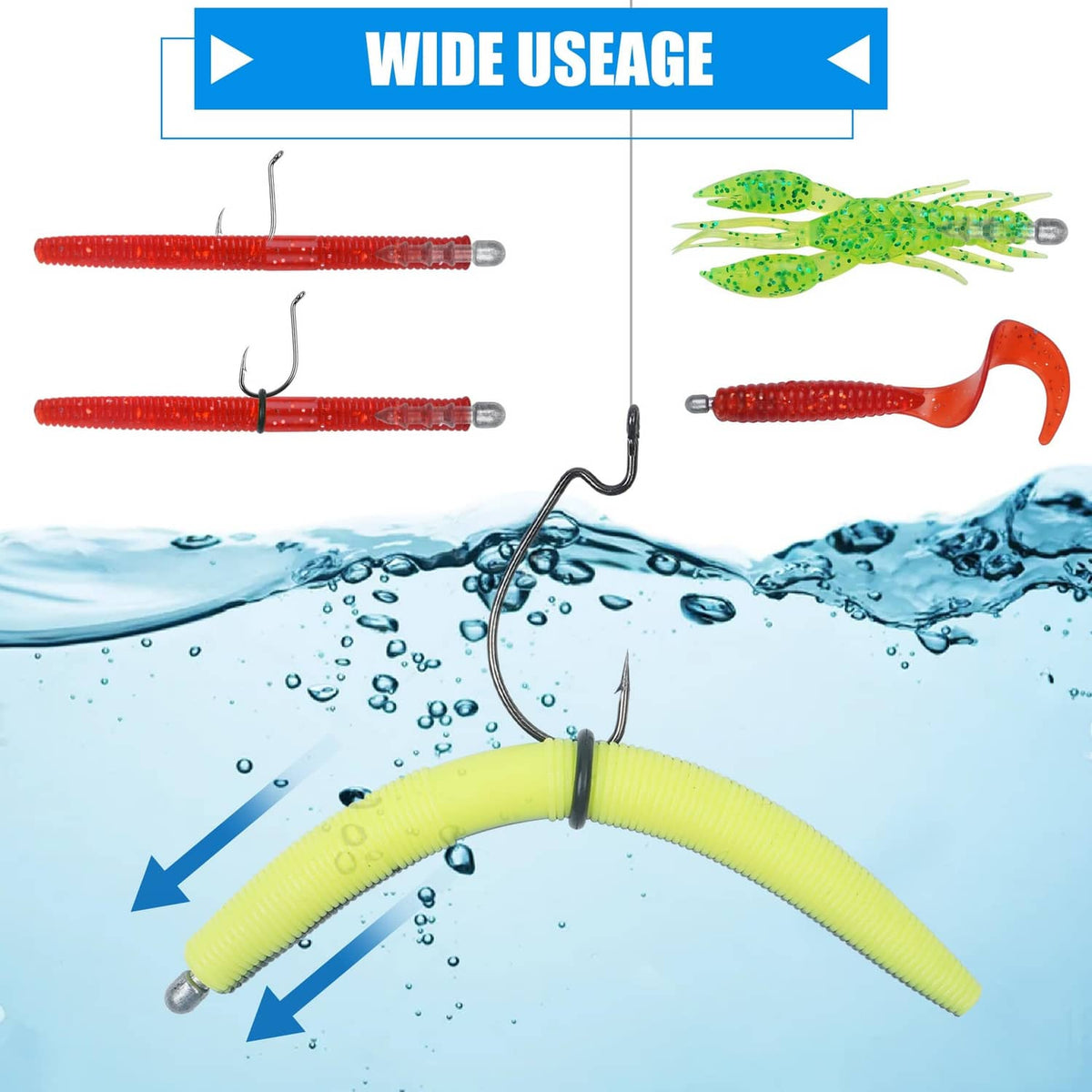 Assorted nail sinkers shown inserted into soft plastic worms for wacky rig fishing.