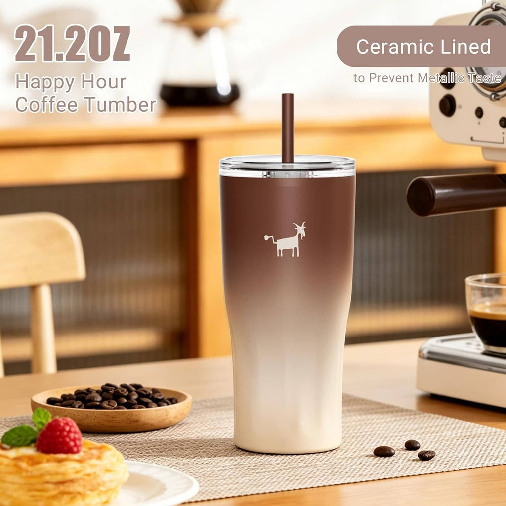 Coffee tumbler with straw lid, two-tone brown and cream finish.