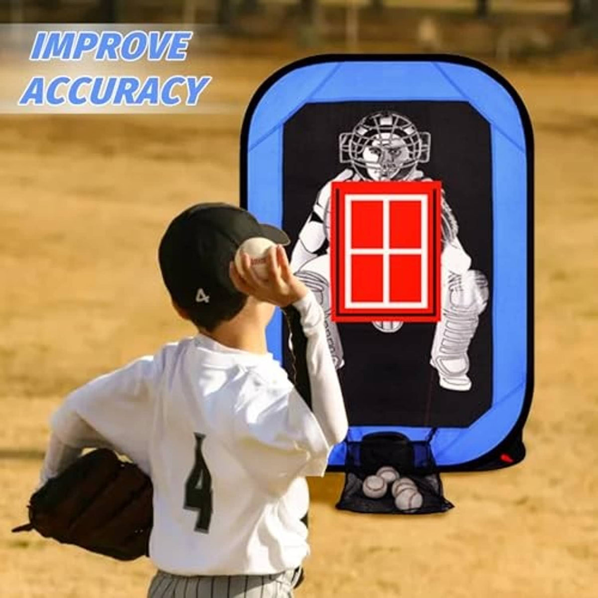 Portable pop-up pitching target net with blue frame and red strike zone screen.