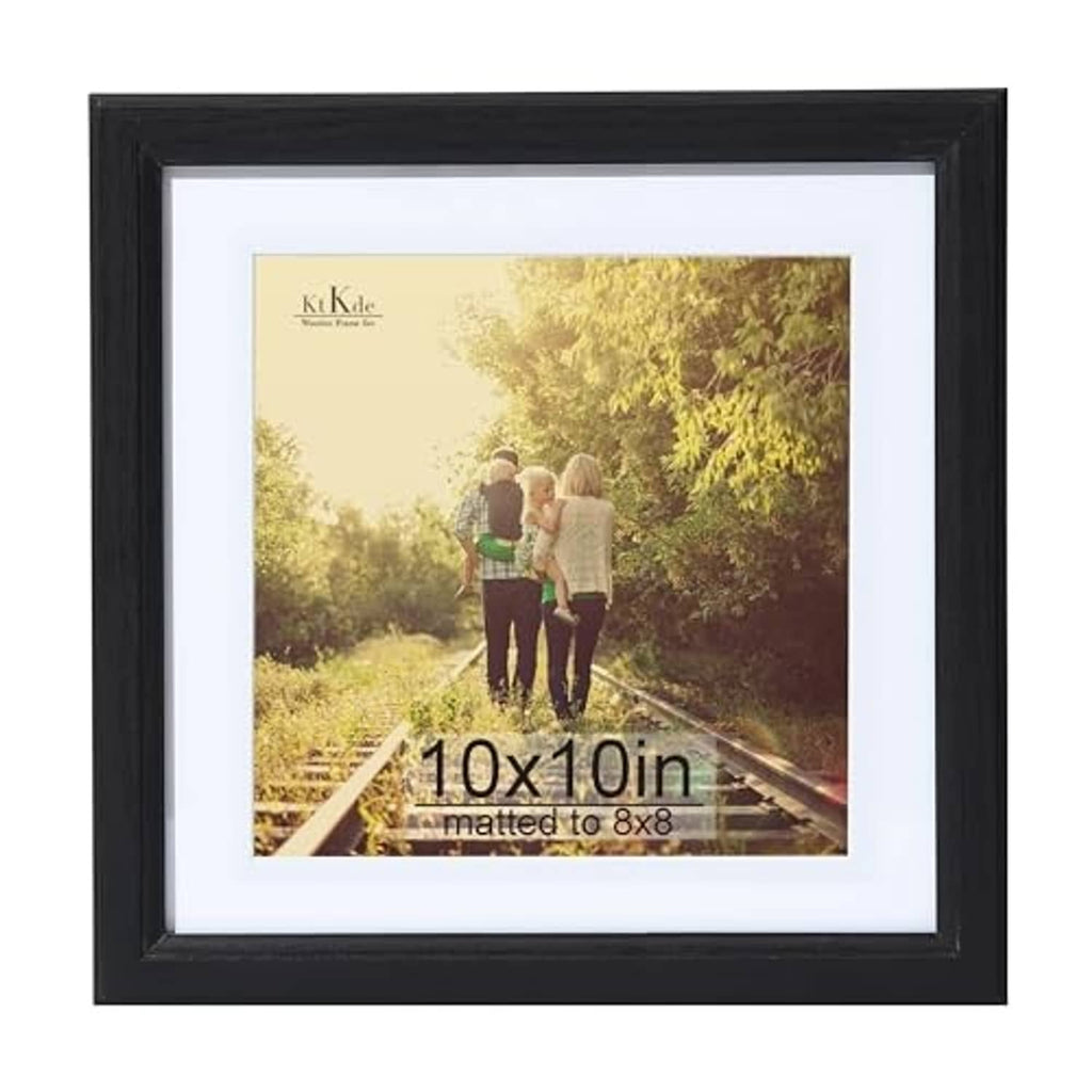 Black woodgrain square picture frame with white mat showing 10x10 display size