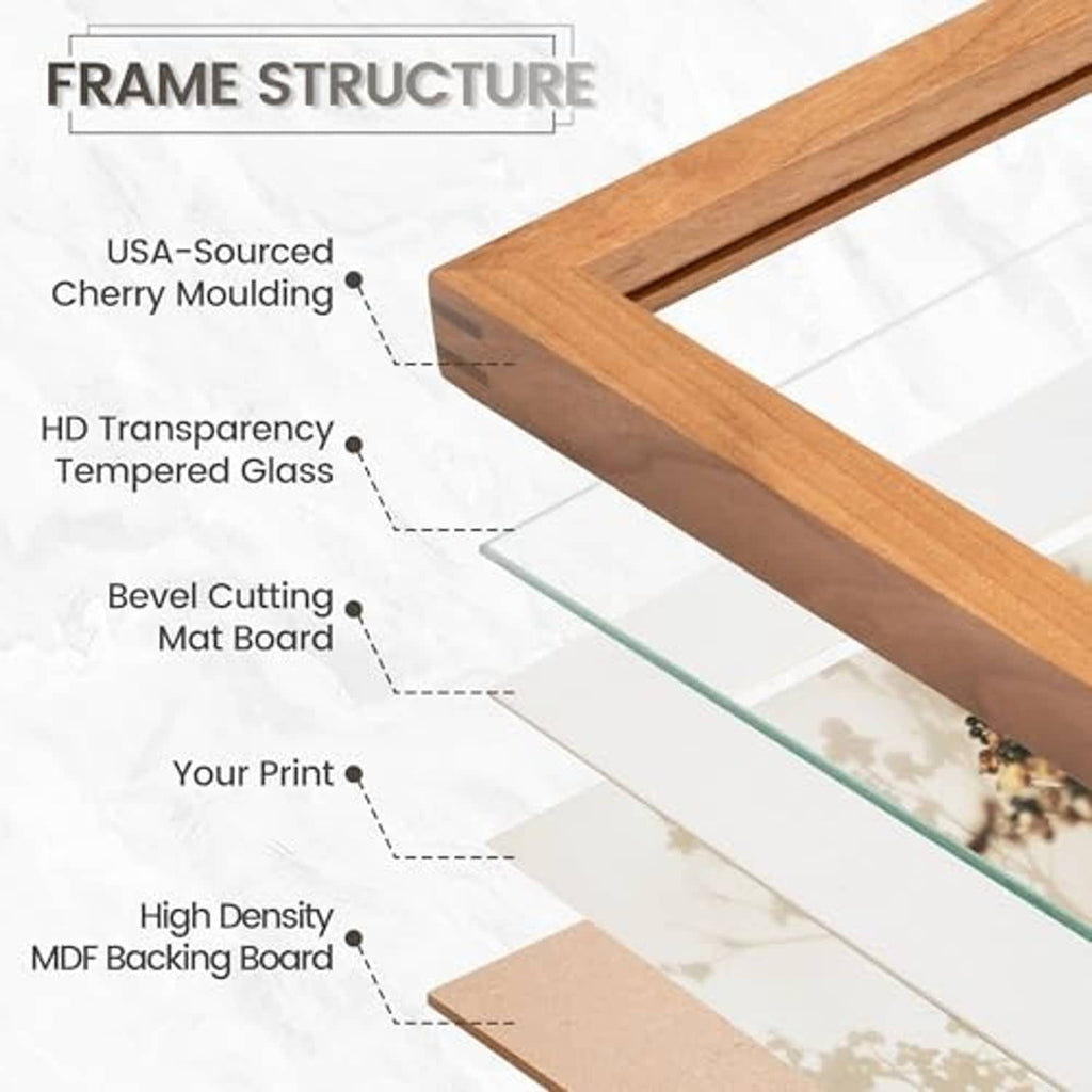 Wood picture frame cross-section view with clear glass and layered backing structure