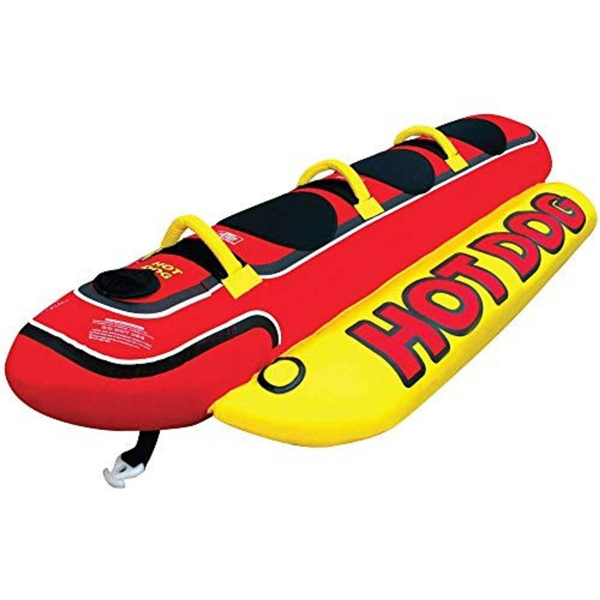 Red and yellow hot dog-shaped inflatable towable tube with three black padded seats and handles