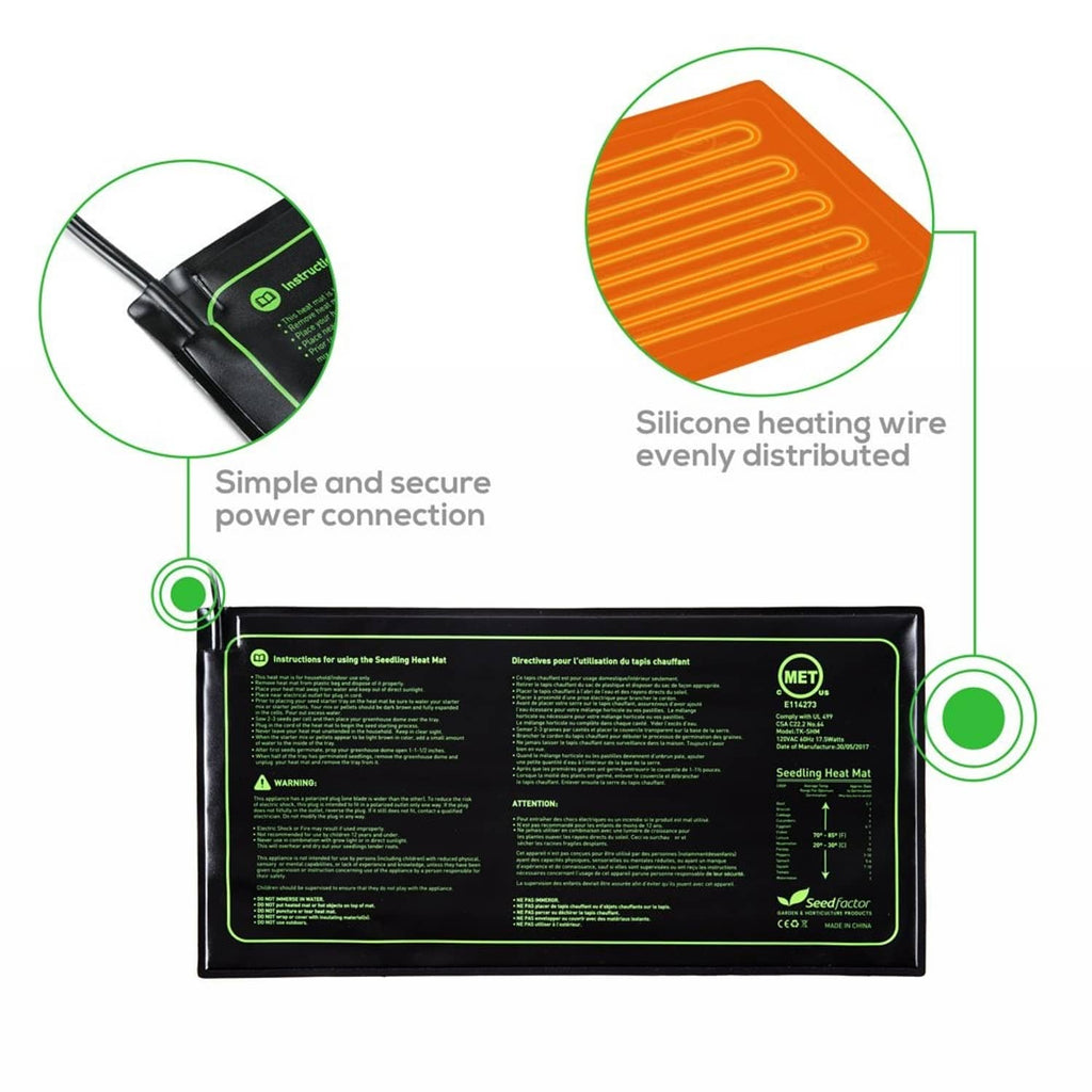 Seedling heat mat with silicone heating wire detail and secure power connection