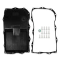 Black automatic transmission oil pan with gasket and bolt hardware