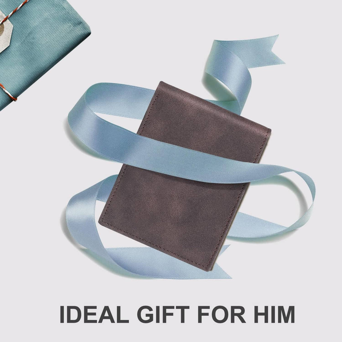 Dark brown slim bi-fold wallet tied with a blue ribbon
