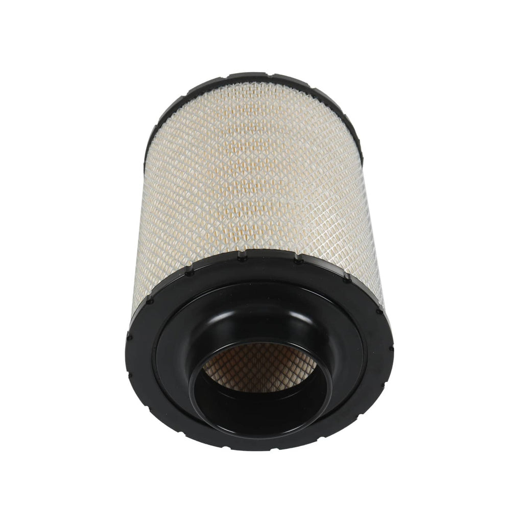 Air filter cartridge end view showing black intake opening and light pleated mesh