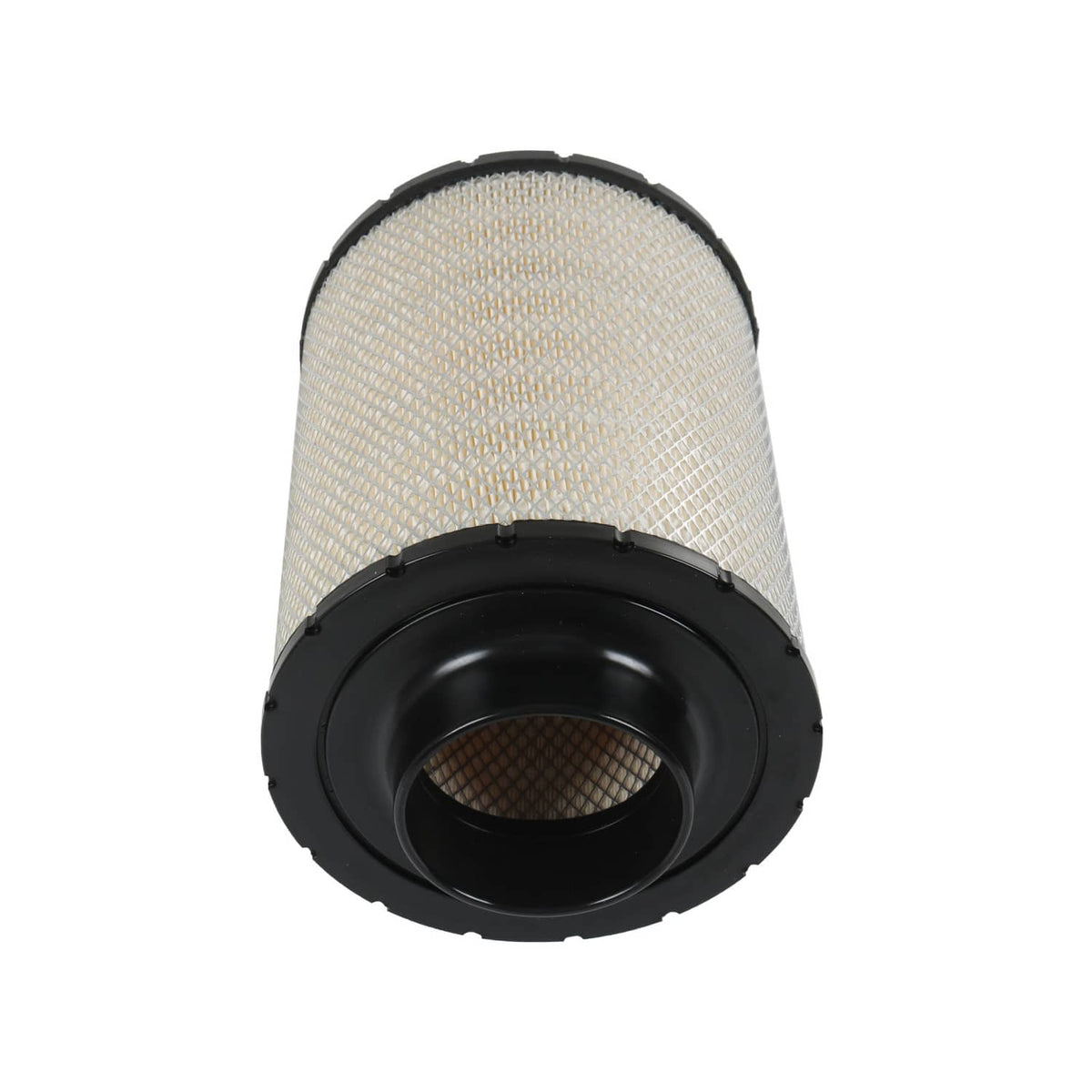 Air filter cartridge end view showing black intake opening and light pleated mesh