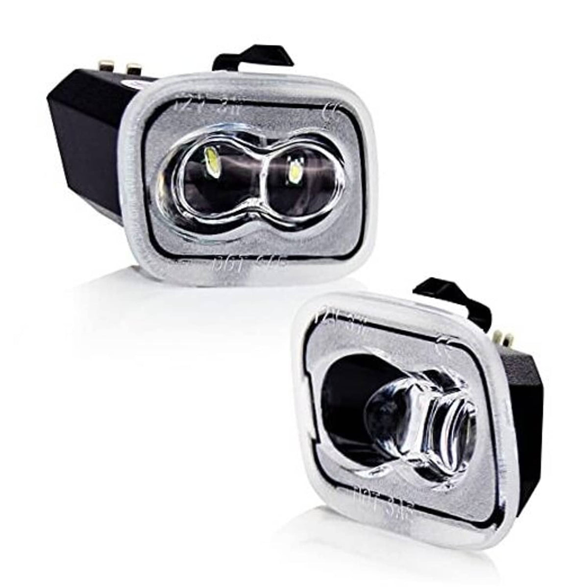 LED side mirror puddle light assembly with chrome bezel and dual projector bulbs