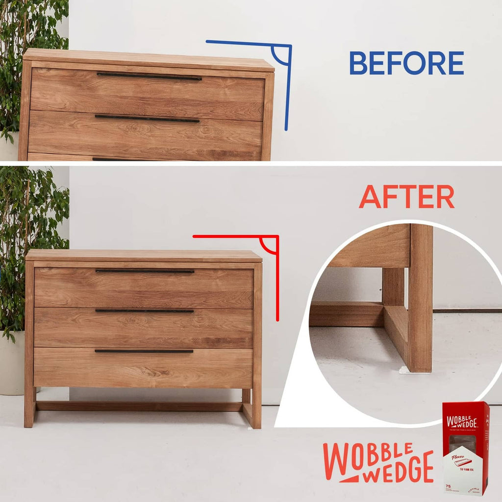 Clear plastic wedge shims under a dresser foot, before-after inset