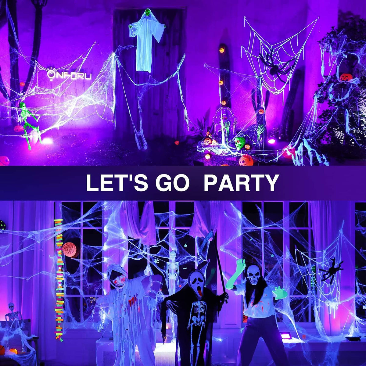 Two blacklight flood lights creating bright purple party lighting and effects