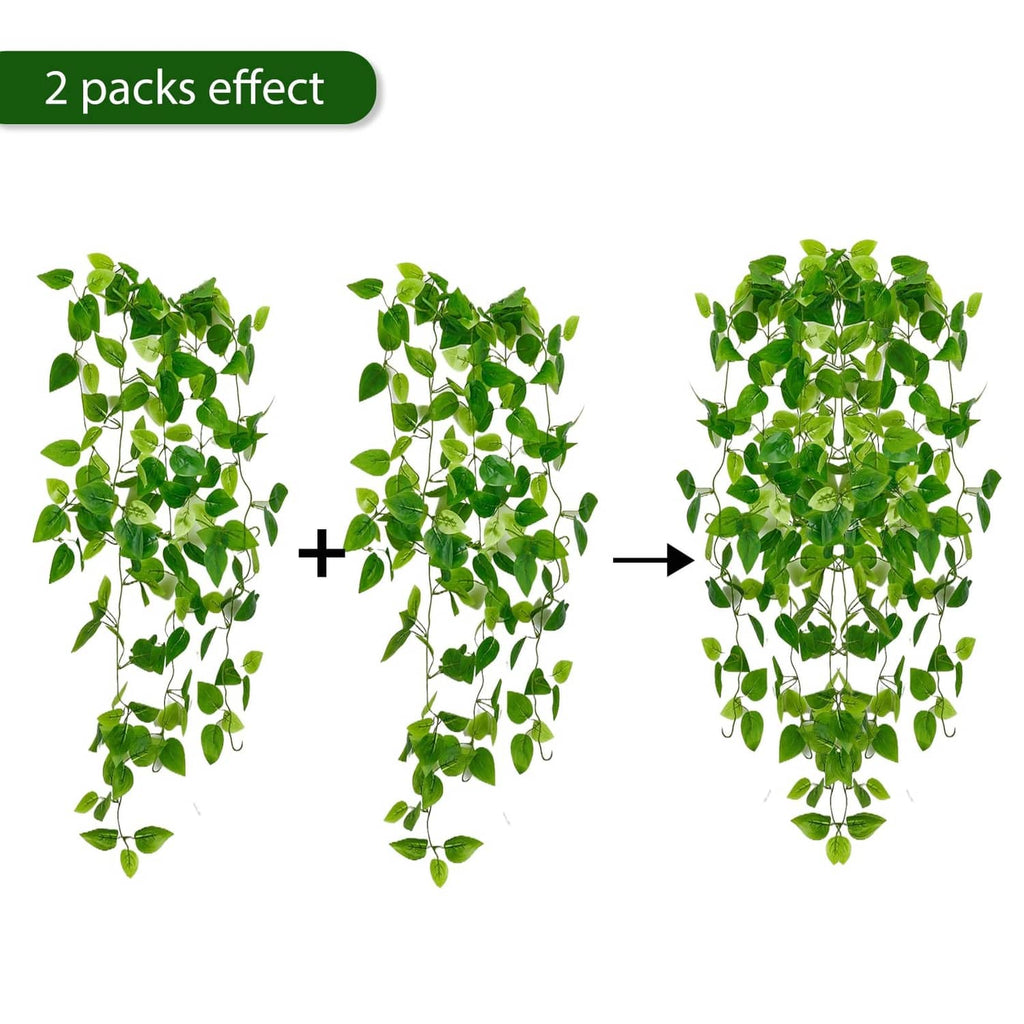 Artificial hanging vine plant sets with green leaves, multiple strands for fuller coverage