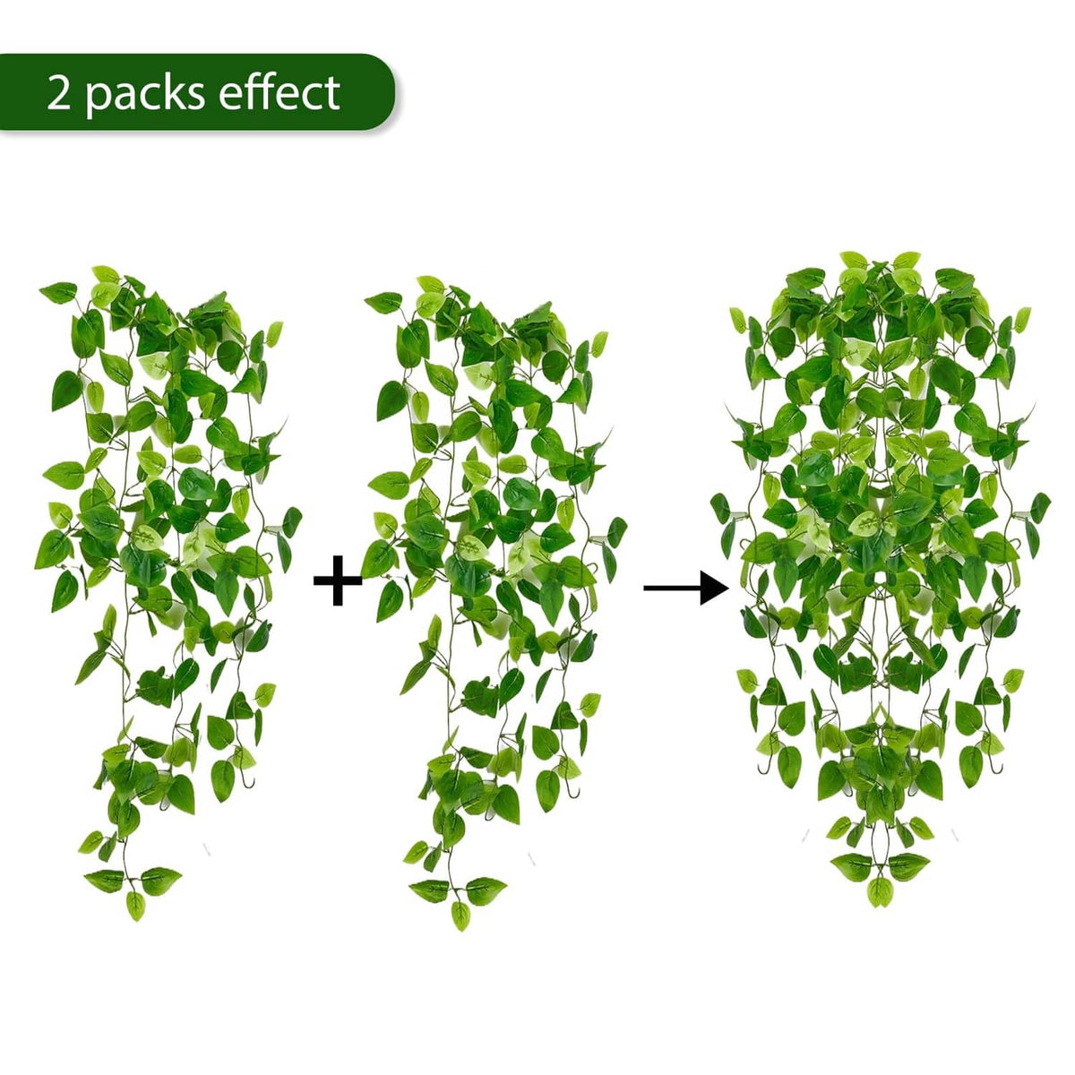 Artificial hanging vine plant sets with green leaves, multiple strands for fuller coverage