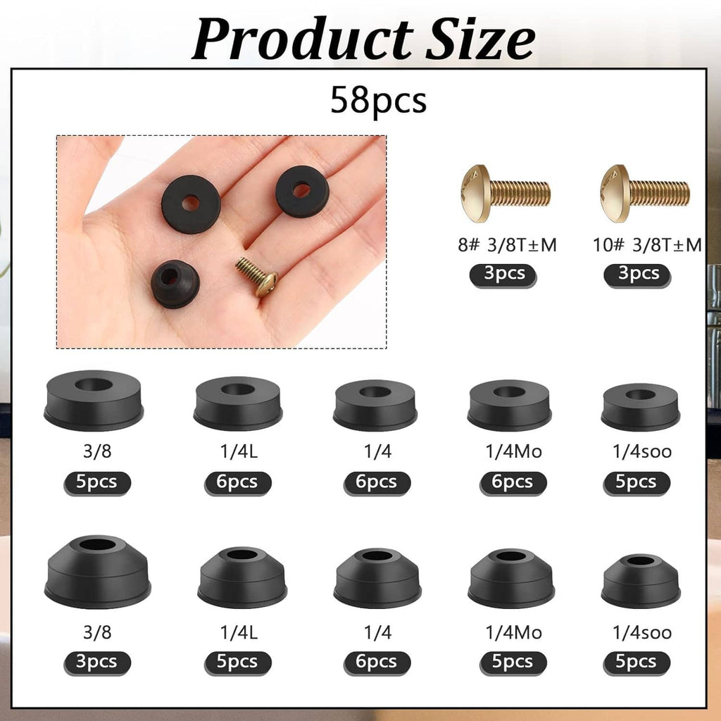 Assorted black rubber faucet washers with brass screws, shown in hand and set view
