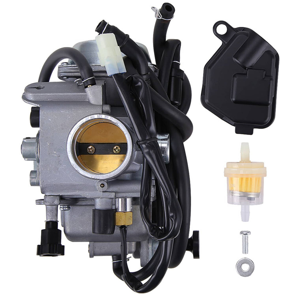 Carburetor assembly with round throttle bore, black wiring, and cover