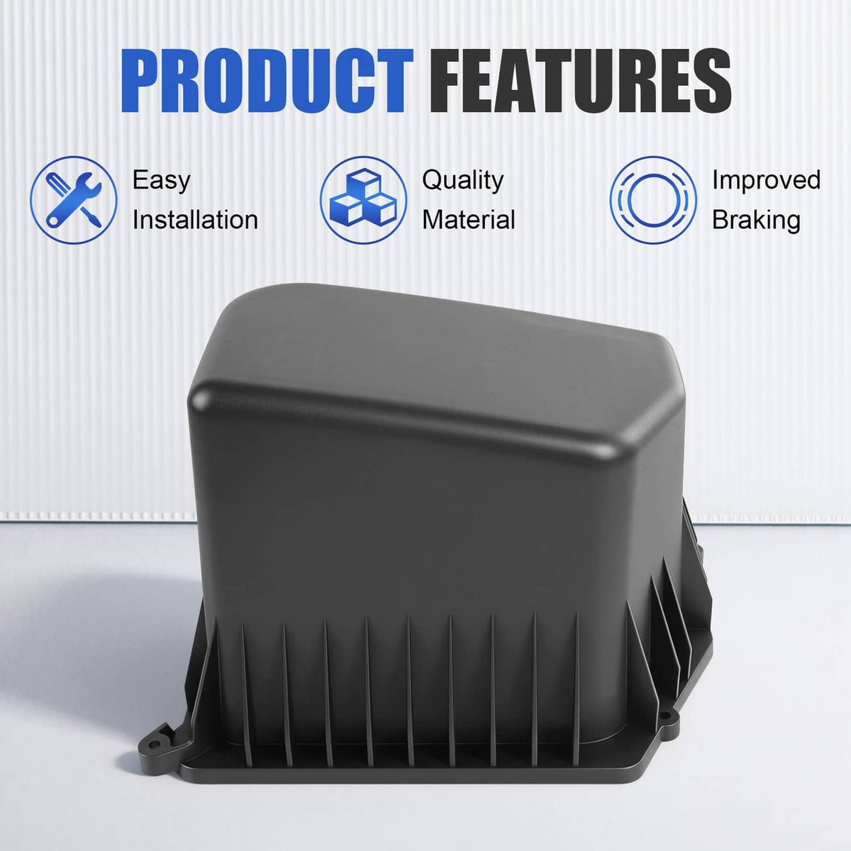 Black air filter housing with tall vent fins and rounded top cover; front corner view.