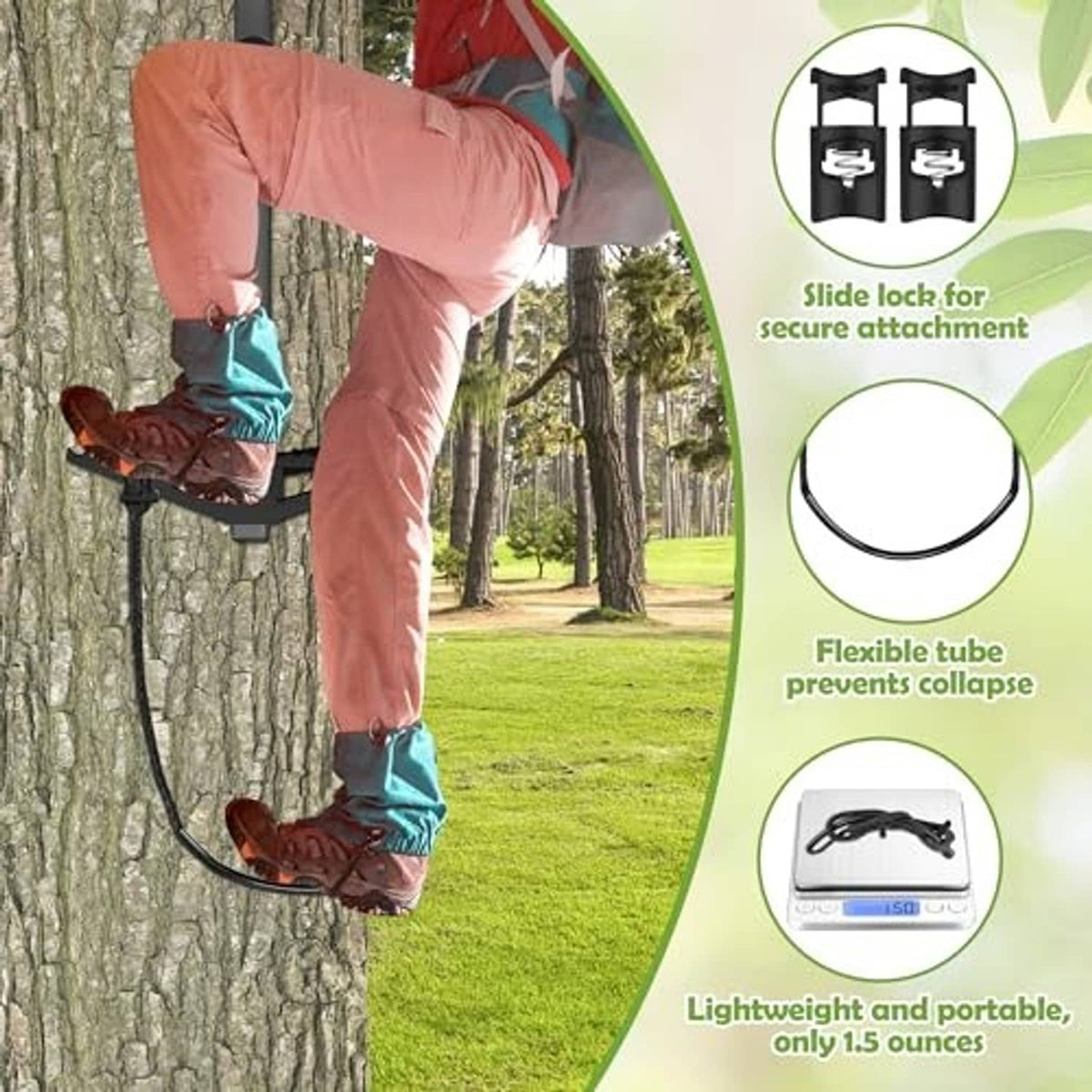 Black rope ladder aider with boot step loop attached to a tree