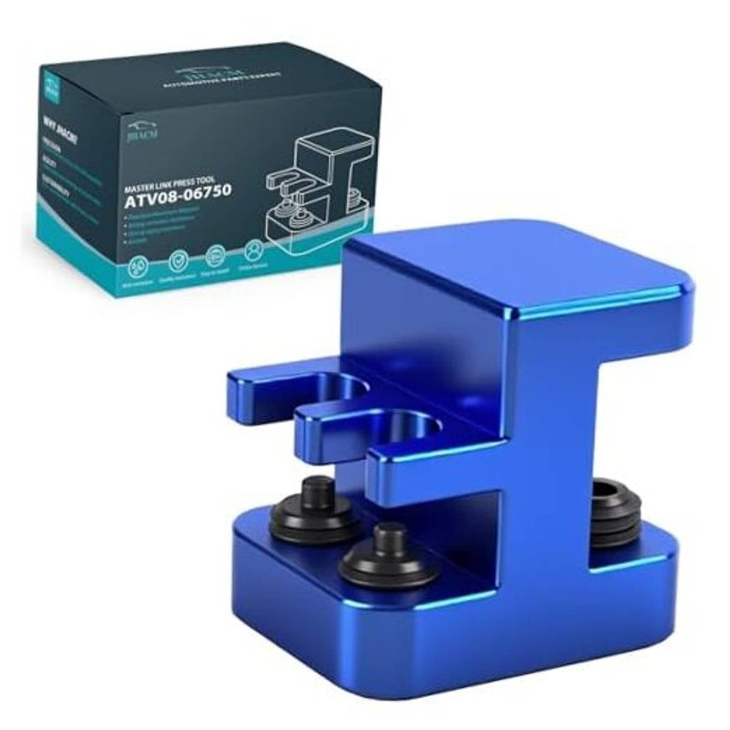 Blue master link press tool with two black pressing heads and metal base