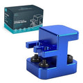 Blue master link press tool with two black pressing heads and metal base