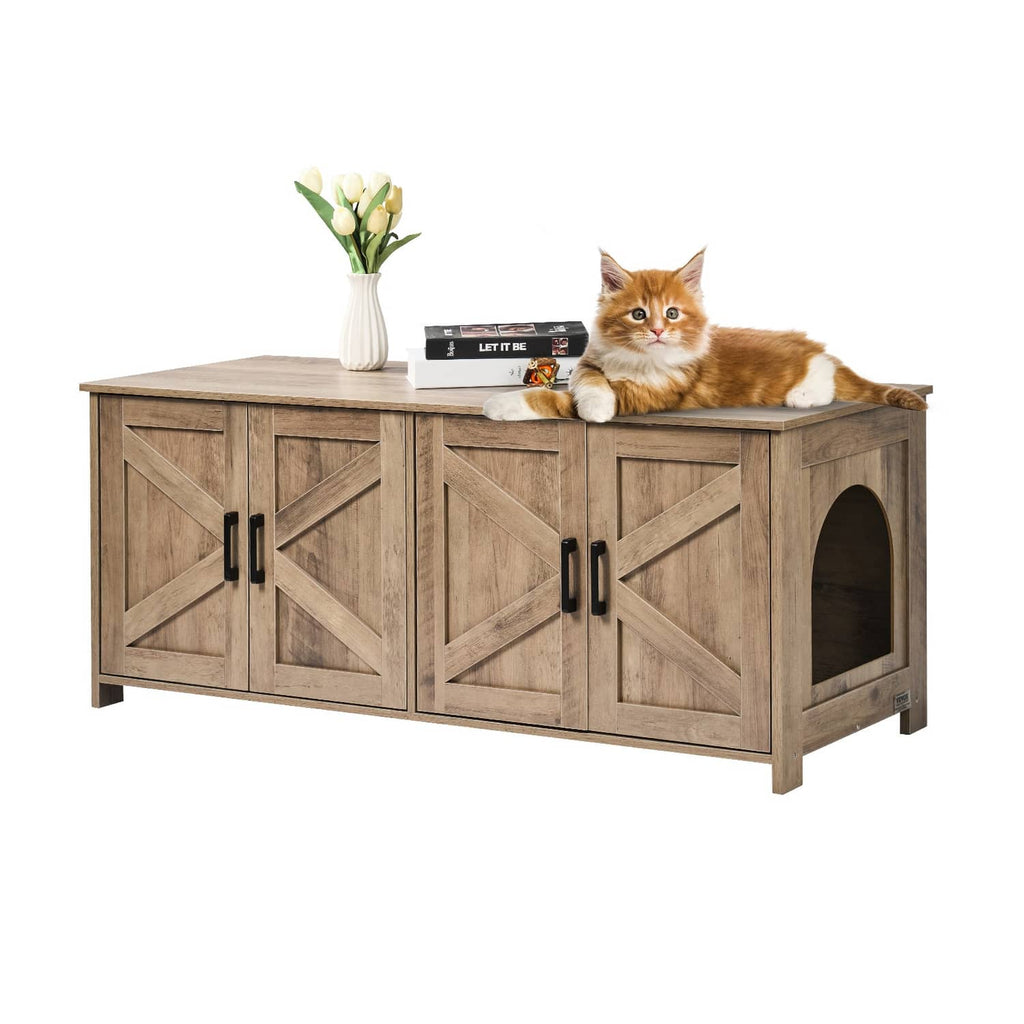 Greige wooden cat litter box enclosure cabinet with side cat door and black handles